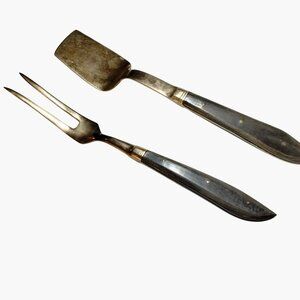 Two Pronged Meat Fork Spatula Server Set Brass Dark Wood Handle Vintage MCM